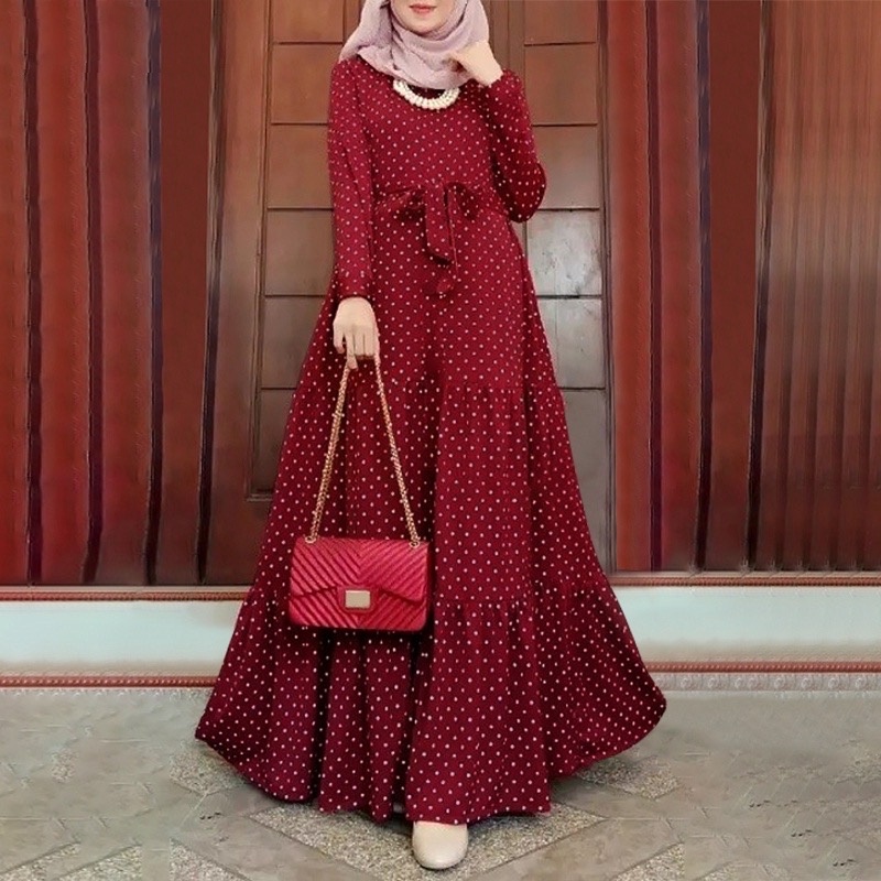 Women Polka Dot Maxi Dress Dinner Long Sleeve Retro Elegant Ladies Plus Size Korean Muslimah Long Dress Shopee Singapore
