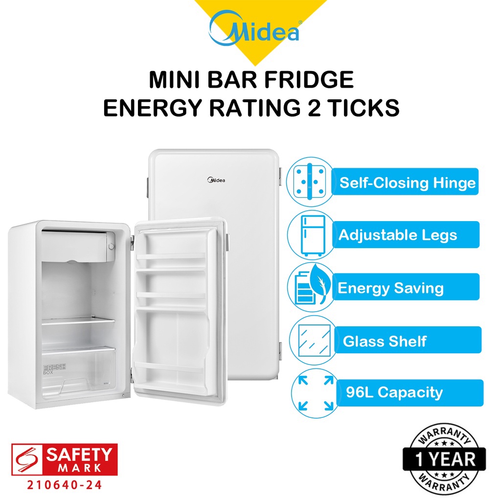 Midea 96L Mini Bar Fridge, Energy Rating 2 Ticks White, MDRD142FGB01SG
