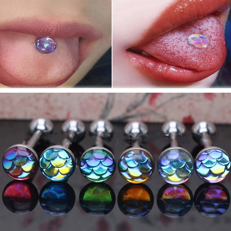 14G Tongue studs Stainless Steel scales Dripping oil tongue ring Personality Piercing Tongue
