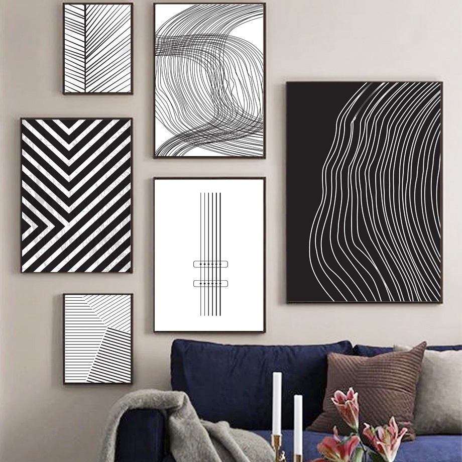 Abstract Lines Black White Optical Minimalist Wall Art Canvas Painting ...