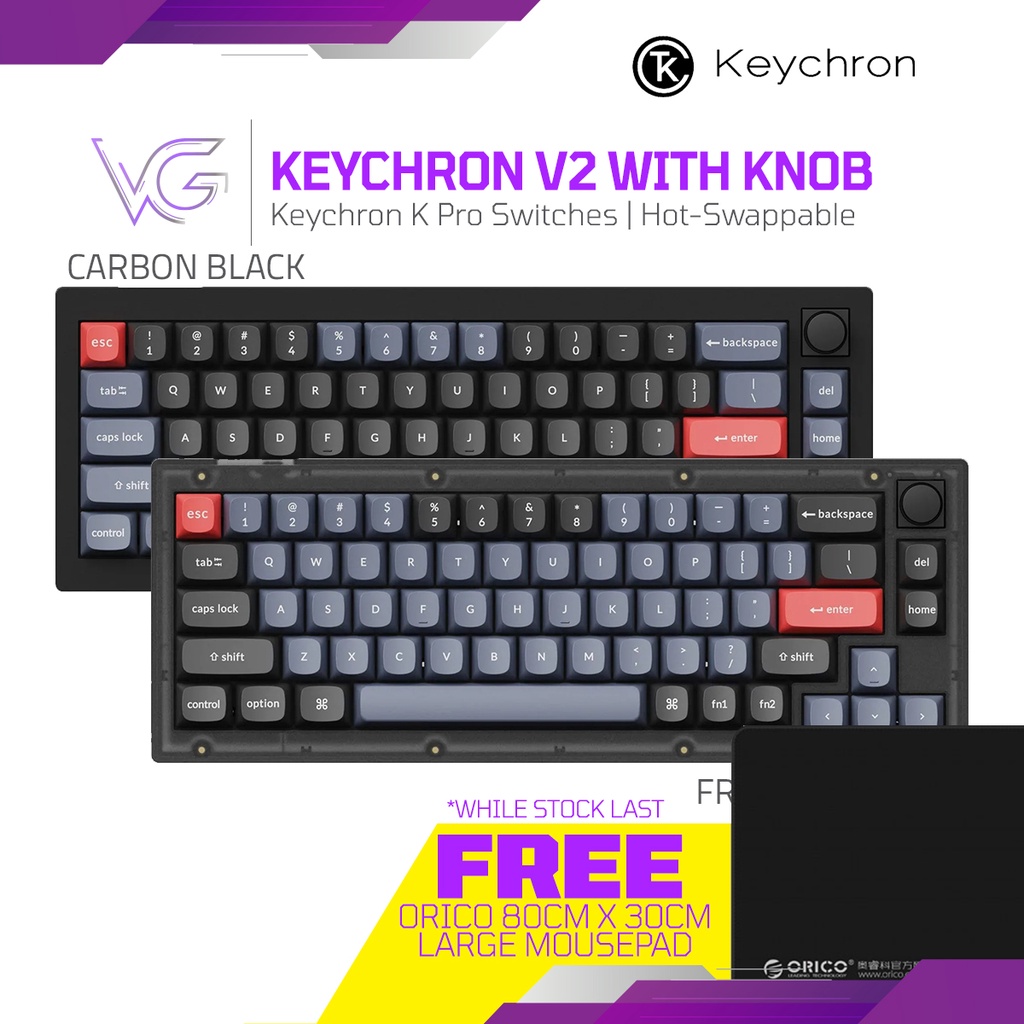 Keychron V2 QMK Custom Mechanical Keyboard with Volume Knob, 65 Layout