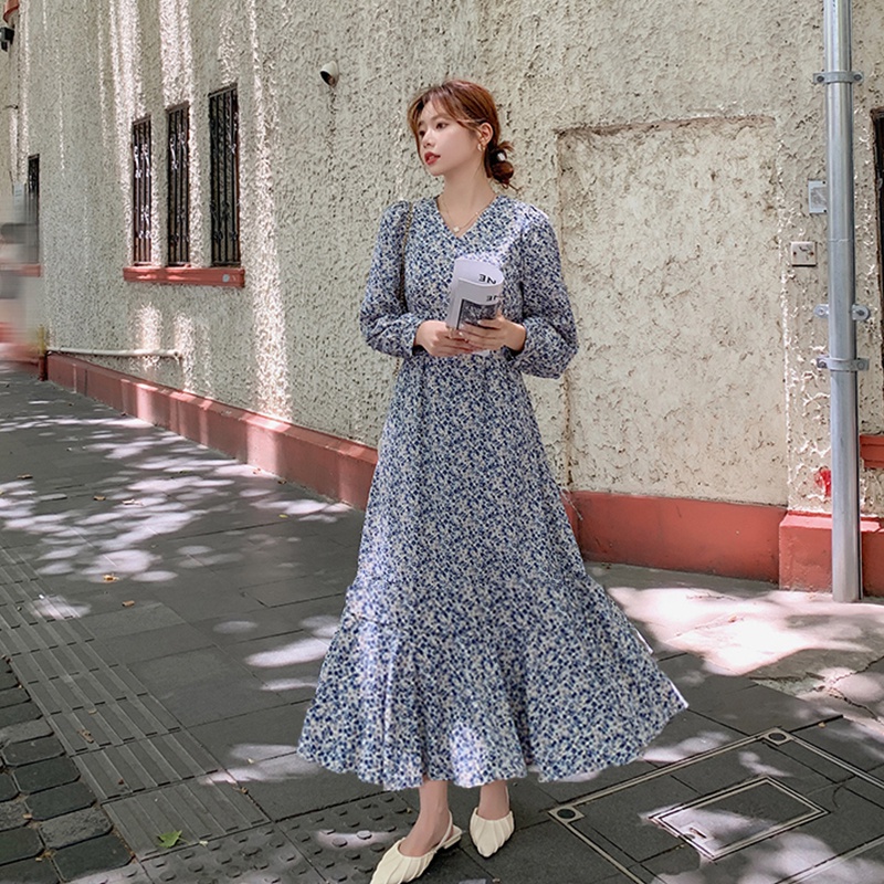 Korean Fashion Long Dress Blue Fishtail Floral Dress Women Elegant French  Long-sleeved V-neck Maxi Dress Long Dress Maxi Dress Korean | Shopee  Singapore