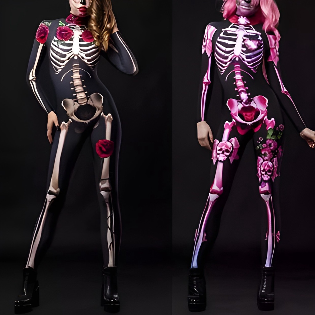 Dames mouwloos skelet bodysuit kostuum - Verkleedkleding