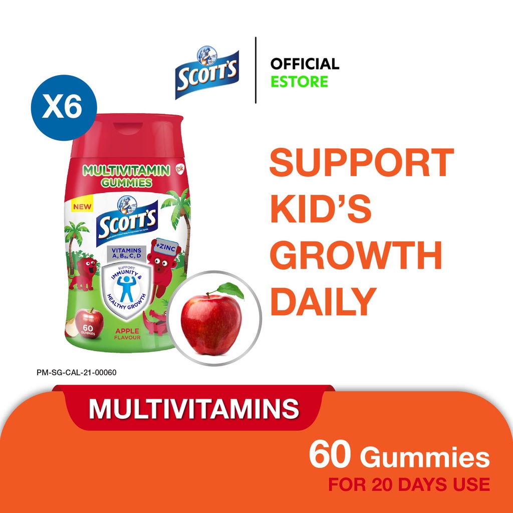 SCOTT'S Multivitamin Gummies for Kids, Vitamin A, B6, C, D and Zinc, For Healthy Growth, Bone and Eye, Apple60s[6 Packs]