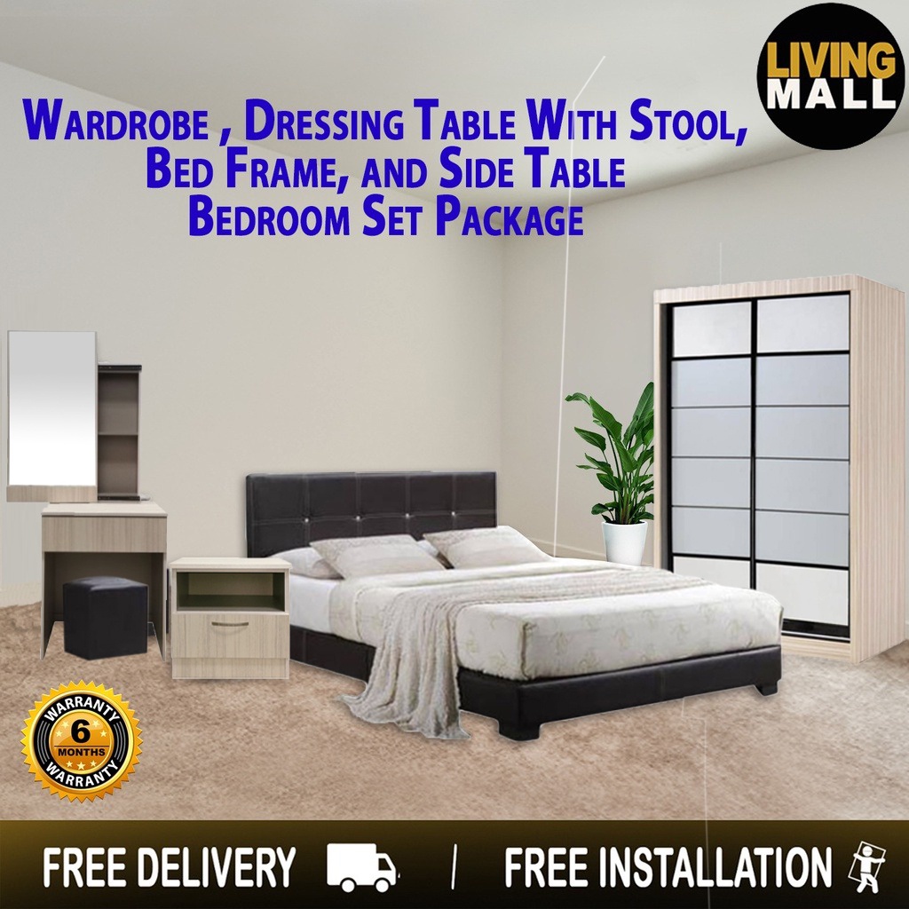 Livingmall Magellan Bed Frame, Wardrobe , Dressing Table With Stool, and  Side Table Bedroom Set | Shopee Singapore