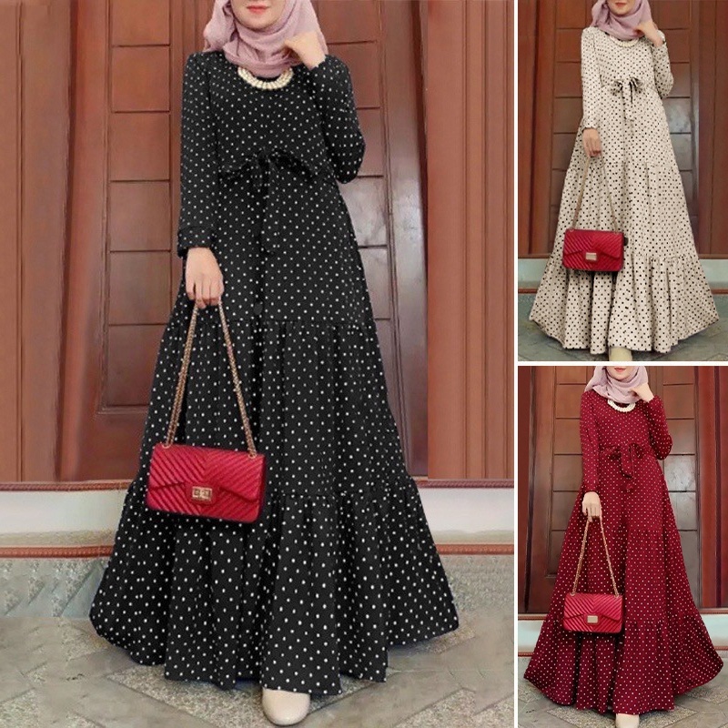 Women Polka Dot Maxi Dress Dinner Long Sleeve Retro Elegant Ladies Plus Size Korean Muslimah Long Dress Shopee Singapore