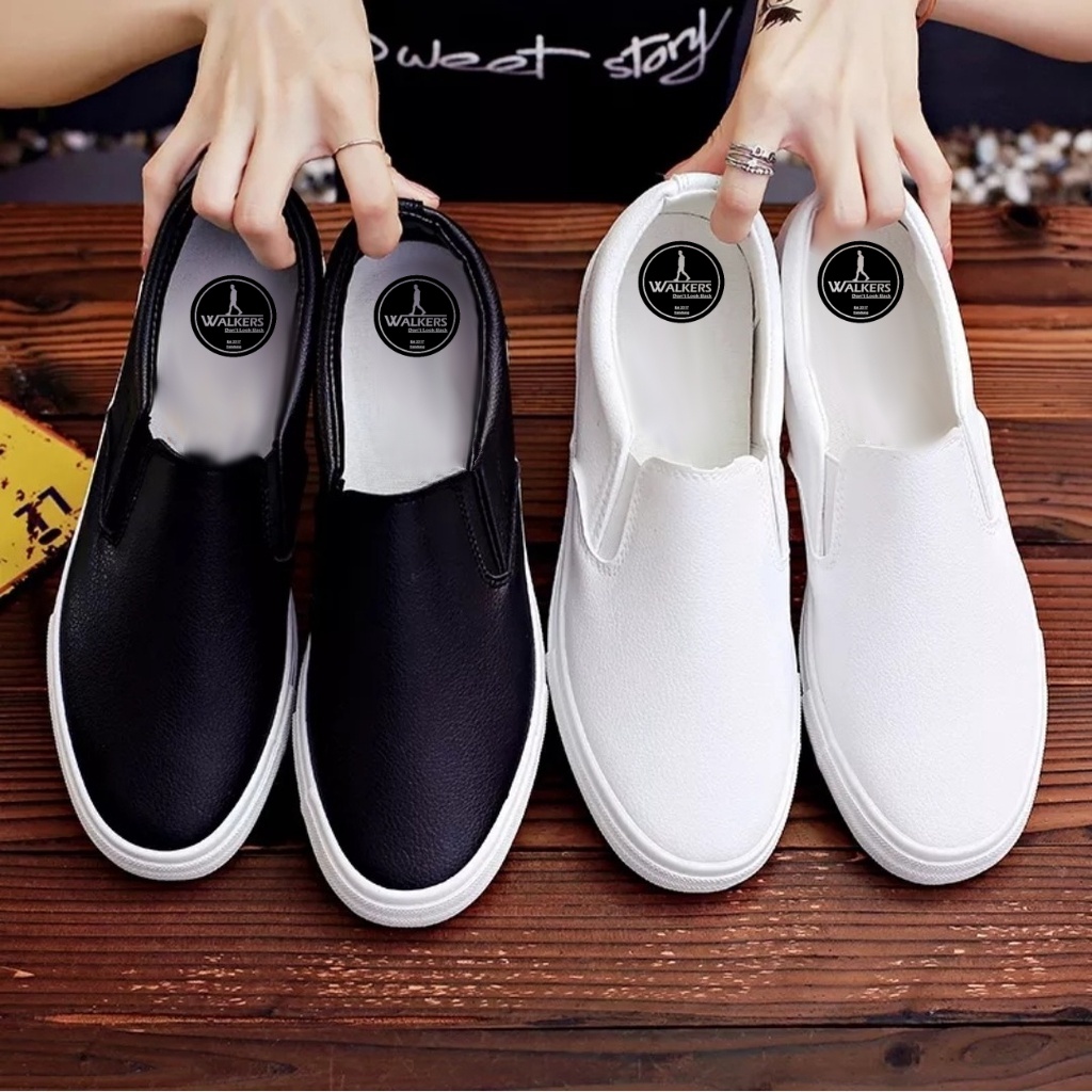 White slip ons on sale leather