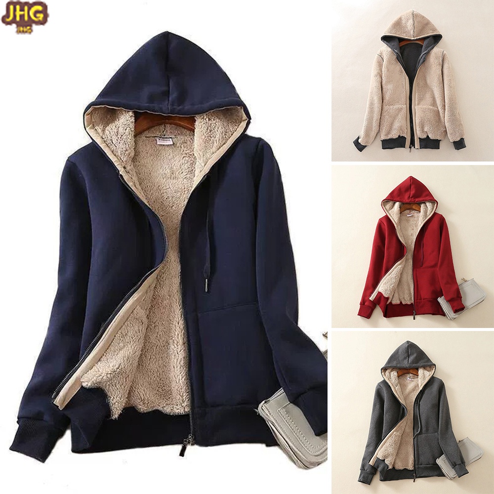 Women's Thick Lined Hoodie Jacket with Pocket Drawstring Hood Front ...