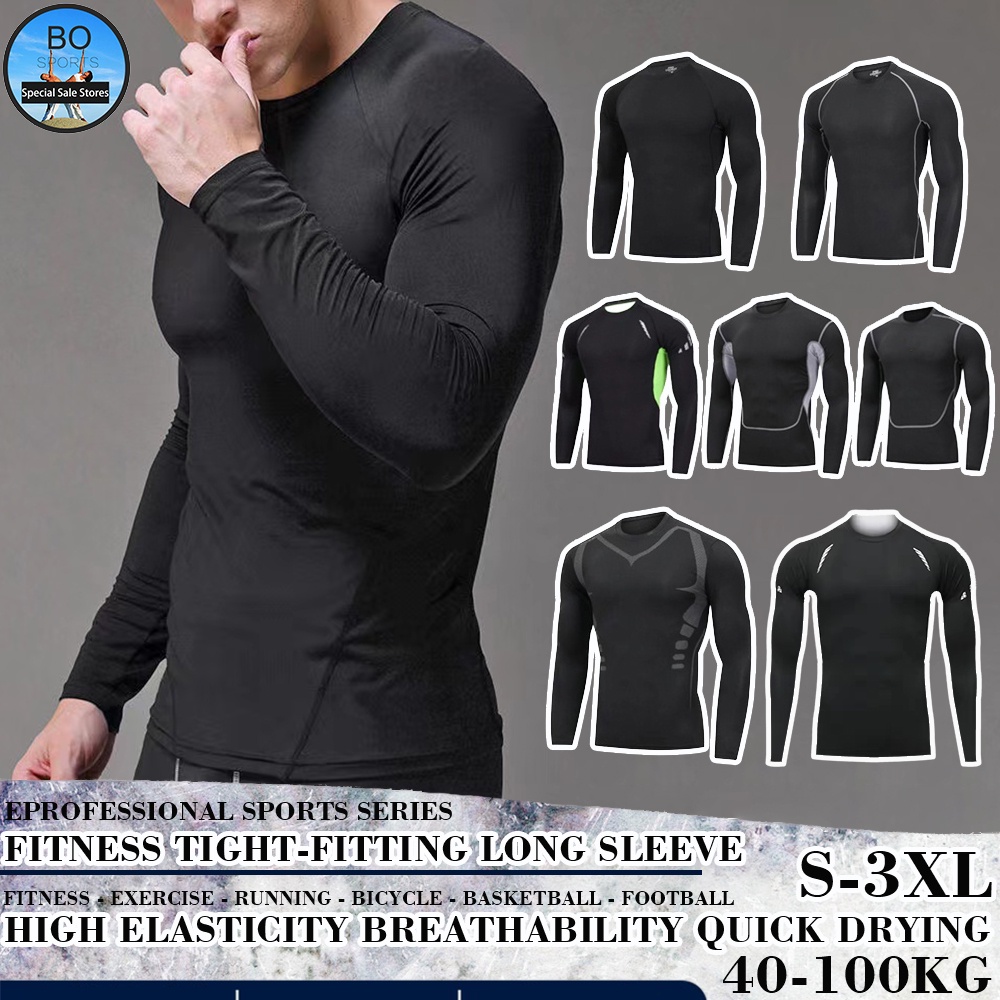 BOSPORT Men`s Compression Sports T-Shirts Long Sleeve Fitted Top Breathable ANTI-UV Gym Running Fitness Cool Fast Dry