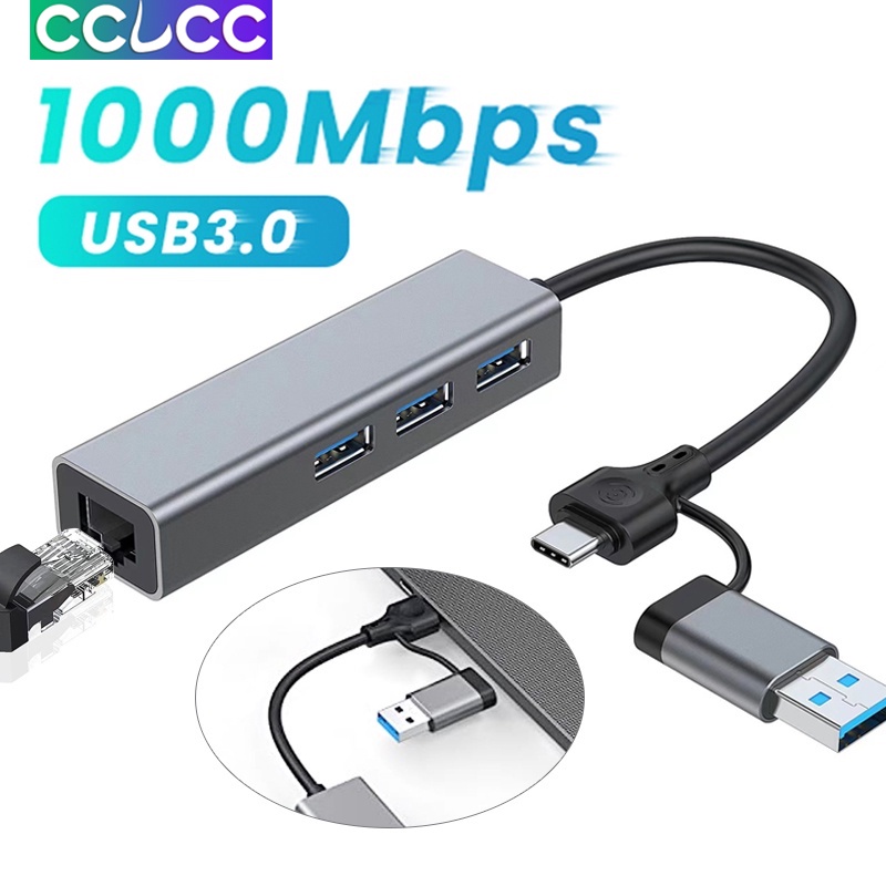 CCLCC USB Type C to Lan Adapter 3 Port USB 3.0 Hub with RJ45 1000Mbps