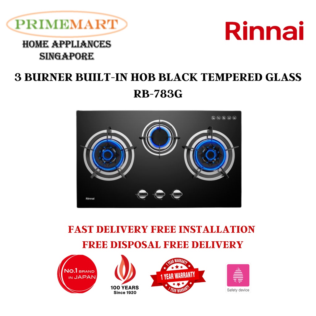 Rinnai RB783G 3 BURNER BUILTIN HOB TEMPERED GLASS (BLACK) TOP PLATE