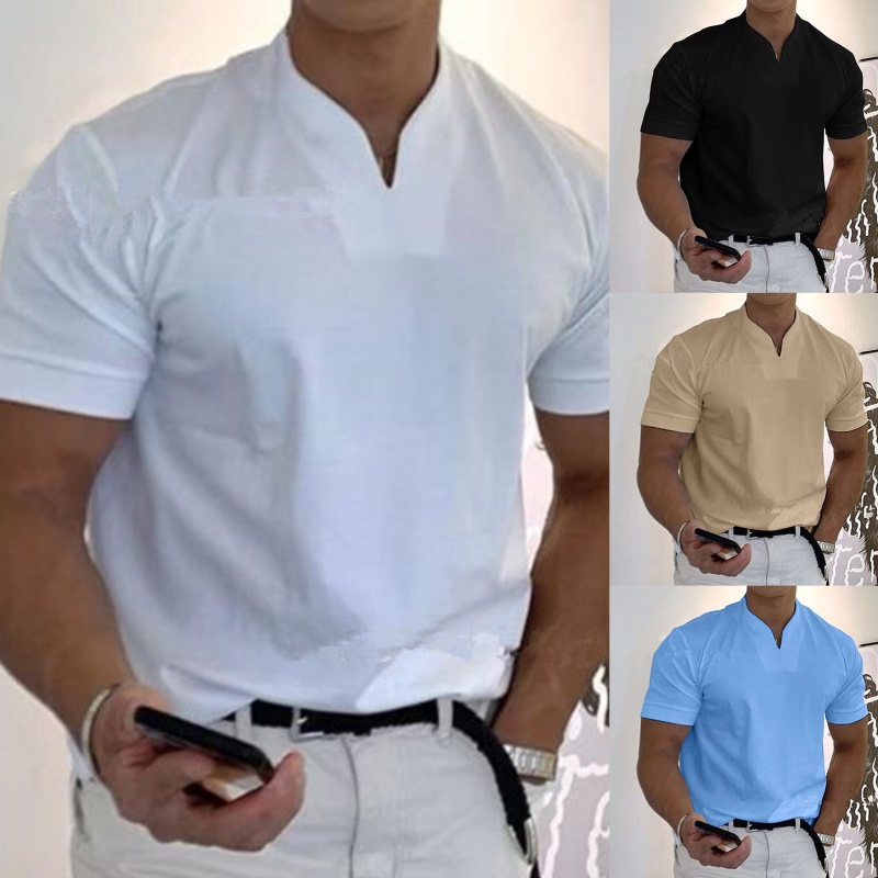 New Fashion Casual Slim Fit Solid Color V-Neck Long-sleeved Men's T-shirt Casual Cotton Shirts