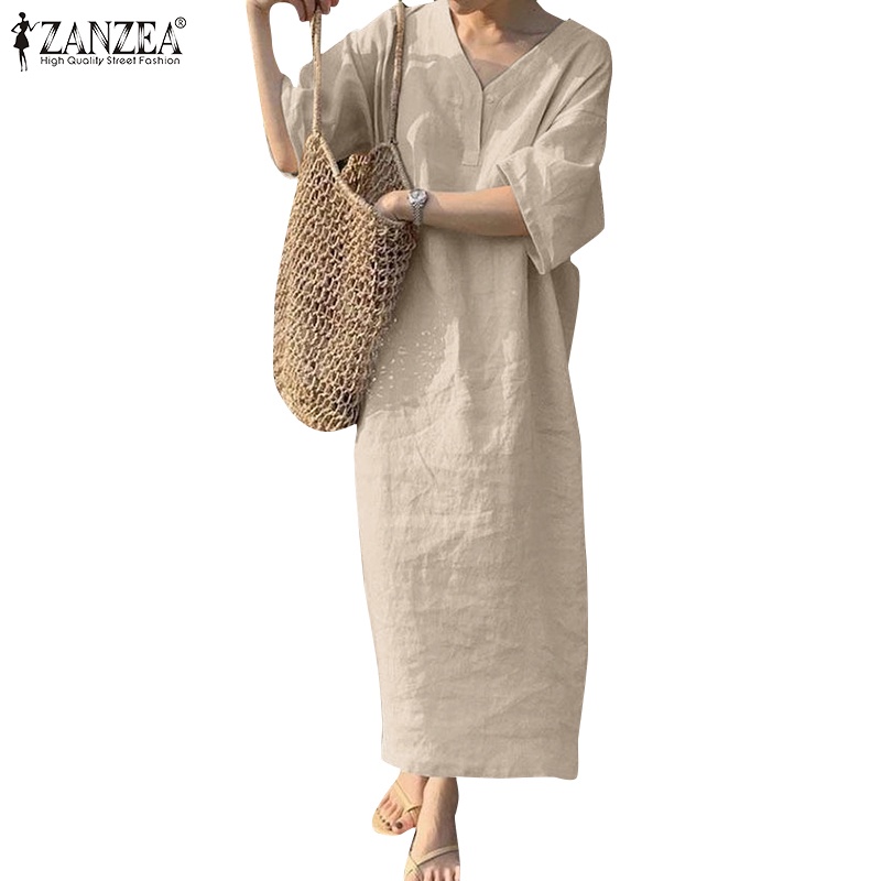 ZANZEA Women Korean 3/4 Sleeves V-Neck Drop Shoulder Loose Long