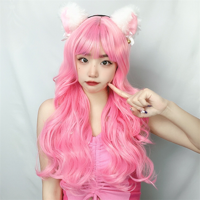 Haze Blue Light Pink Lolita Kawaii Long Curly Wig With Bangs Synthetic Wig Natural Curly Wig For Women Men Cosplay Wig Party Wig Heat Resistant Shopee Singapore