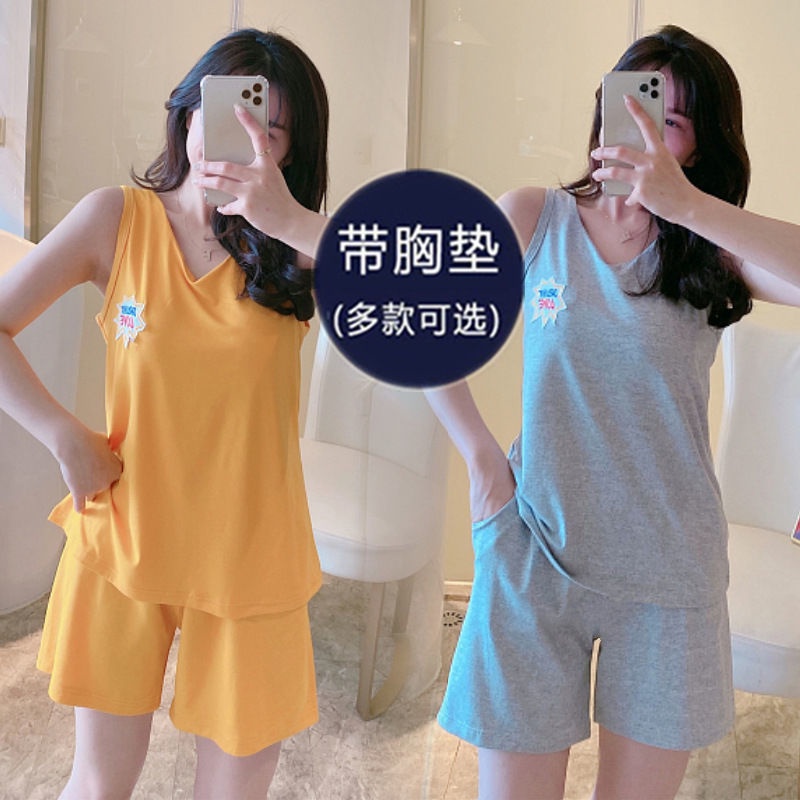 0223 sleeveless pajamas suit with chest pad women's summer V-neck casual sports wear-free underwear vest shorts home wear