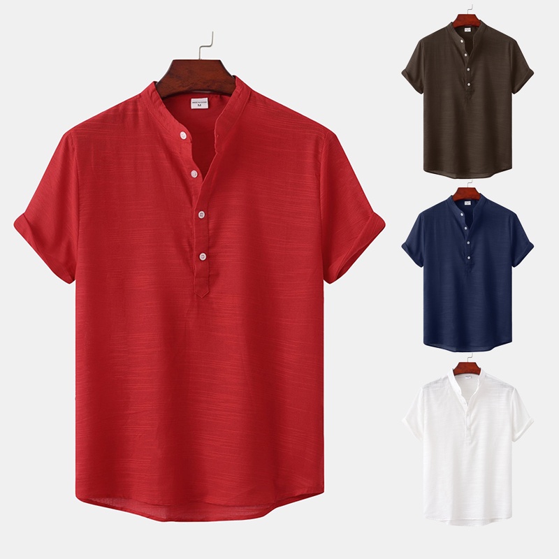 Men's Summer Casual Loose Half Button Plain Cotton Short Sleeve Shirt Breathable Solid Color