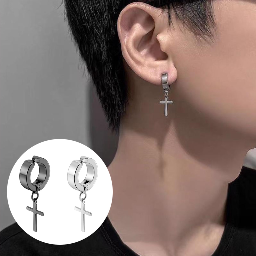 3 Pcs/set Black Clip On Earrings For Men Punk Stainless Steel Cross Dangle  Hoop Earrings Non Piercing Earrings Fake Stud Earrings