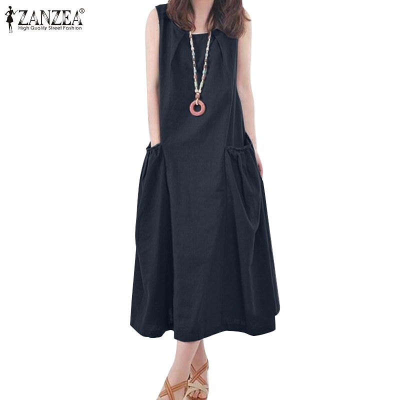 ZANZEA Women Elegant OL Work Sleeveless Solid Midi Casual A-line ...