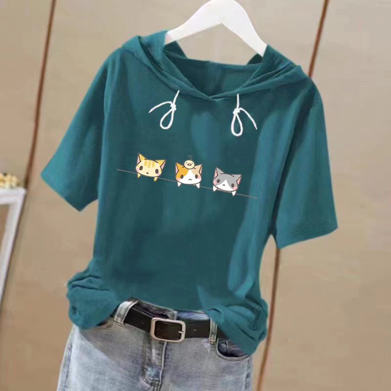 2023夏季短袖连帽衣hoodie short sleeve women top hooded clothing hooded t-shirt fashion hoodie women printed casual summer new loose Short sleeve top women上衣女