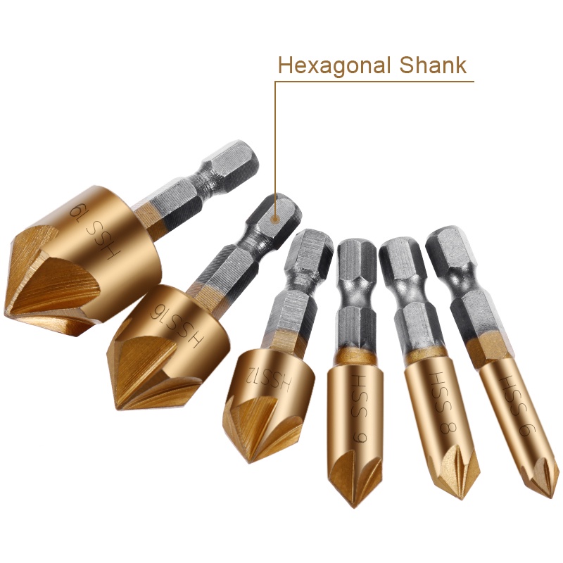 6/3PCS Countersink Drill Bit Set 1/4'' Hex Shank HSS 5 Flute ...