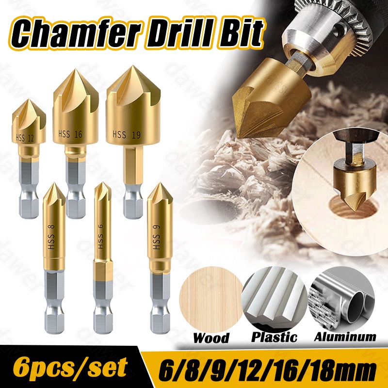 6-Piece HSS Countersink Drill Bit Set - Woodworking Chamfer Tools With Quick Change