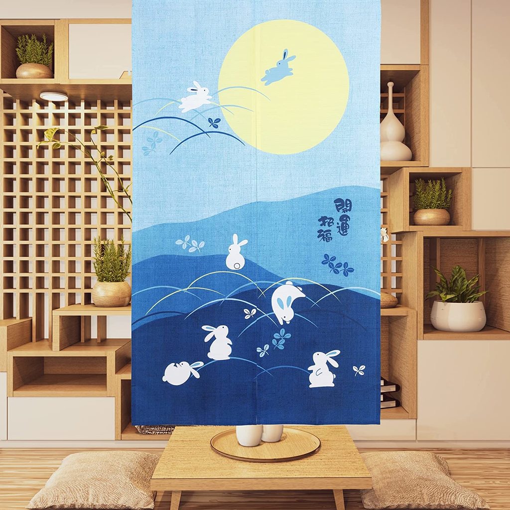Japanese Noren Door Curtain Bunnies Frolicking Under Moon Printing