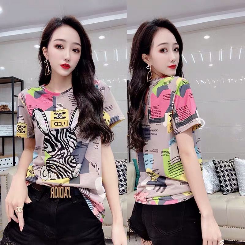 Ready Stock Summer new printed round neck short-sleeved T-shirt women's fashion slimming all-match short-sleeved top casual bottoming shirt women's clothing