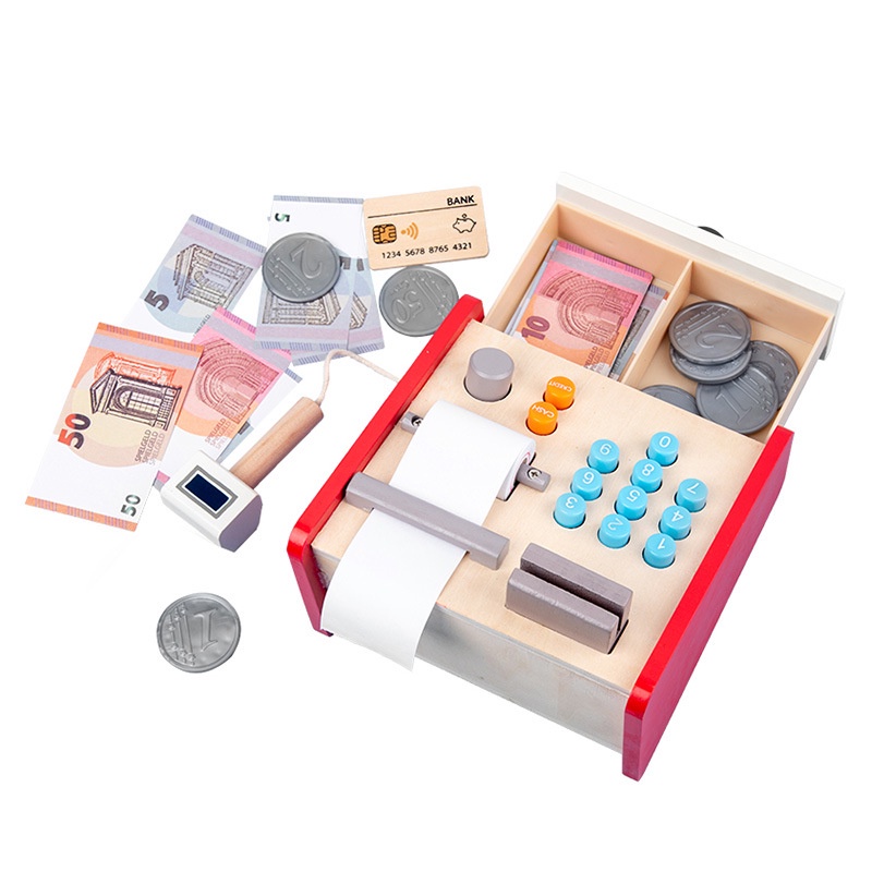 Wooden Cash Register Children Counting Coins Money Supermarket Shopping