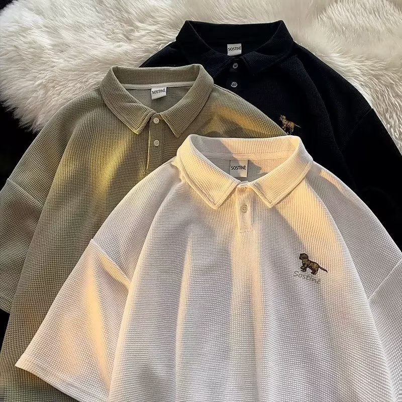 M-2XL South Korea's new summer men's wear small design unisex clothing men's short sleeves. Baseball collar T-shirt trend oversized lapel casual polo shirt loose top black white