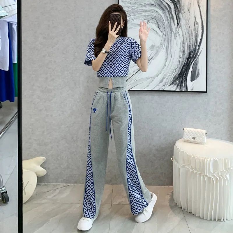 Wide Leg Pants Korean Casual Short Sleeve Fashion Women Suit Summer Sportswear Two-Piece Set