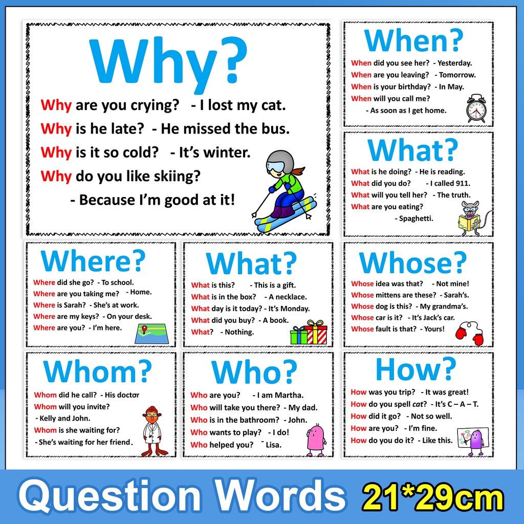 9Pcs WH Questions A4 Poster Card Learning English Words Teacher ...