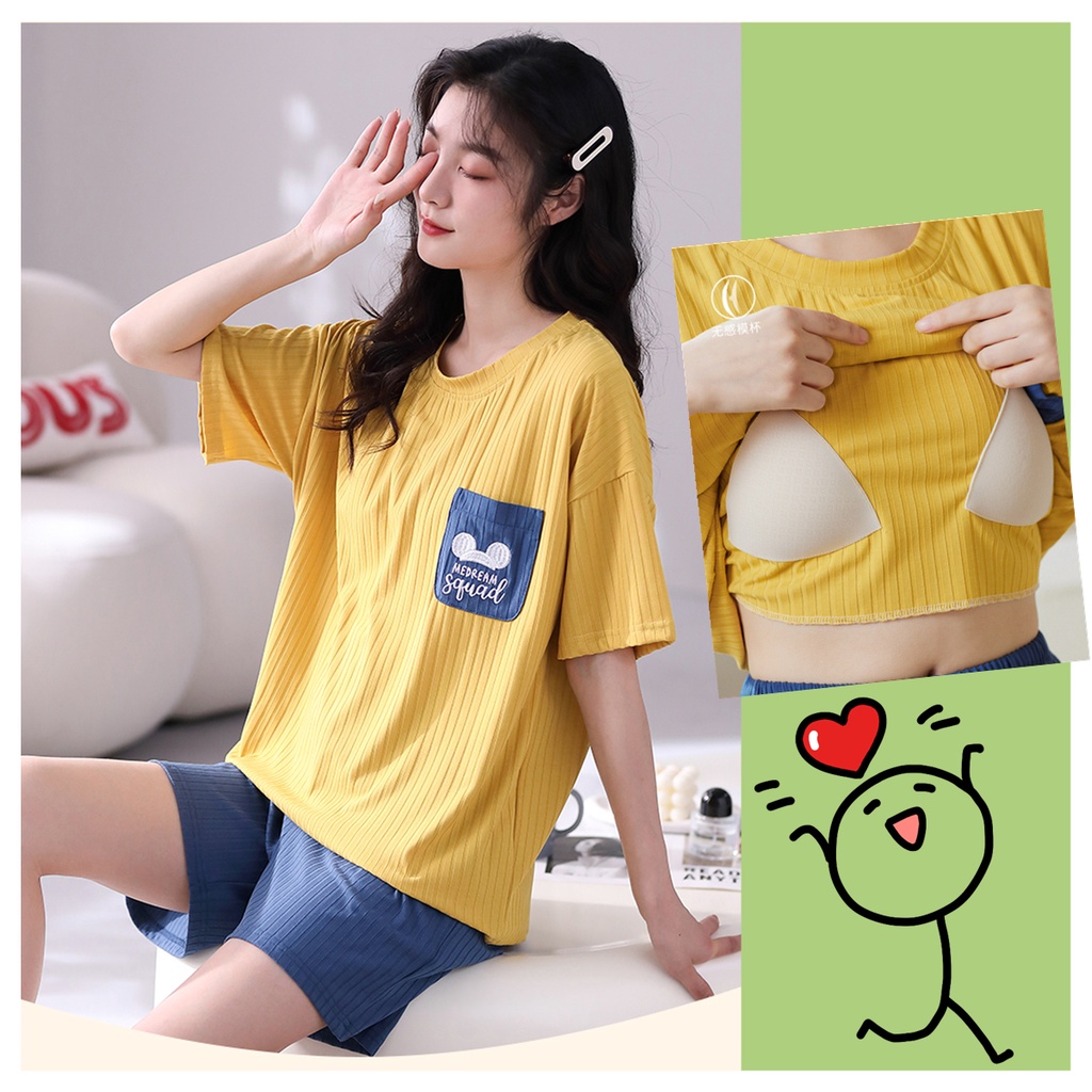 Sleepwear Pyjamas Women Chest Pad Model Pajamas Set Summer Popular Short Sleeve Lady Home Wear Nightwear