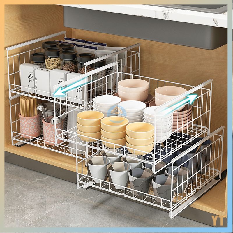 Kitchen pullout cabinet drawer dish rack double dishes dish multi ...