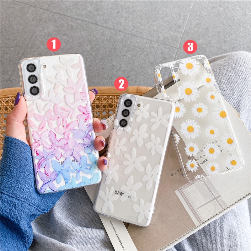 SamsungS22+ S21+ S20+ Note20 FE Ultra Case Simple Style Colorful Painted Daisies Transparent TPU Soft Casing Samsung Note9 S10 Plus Clear Drop-proof Creativity Cover