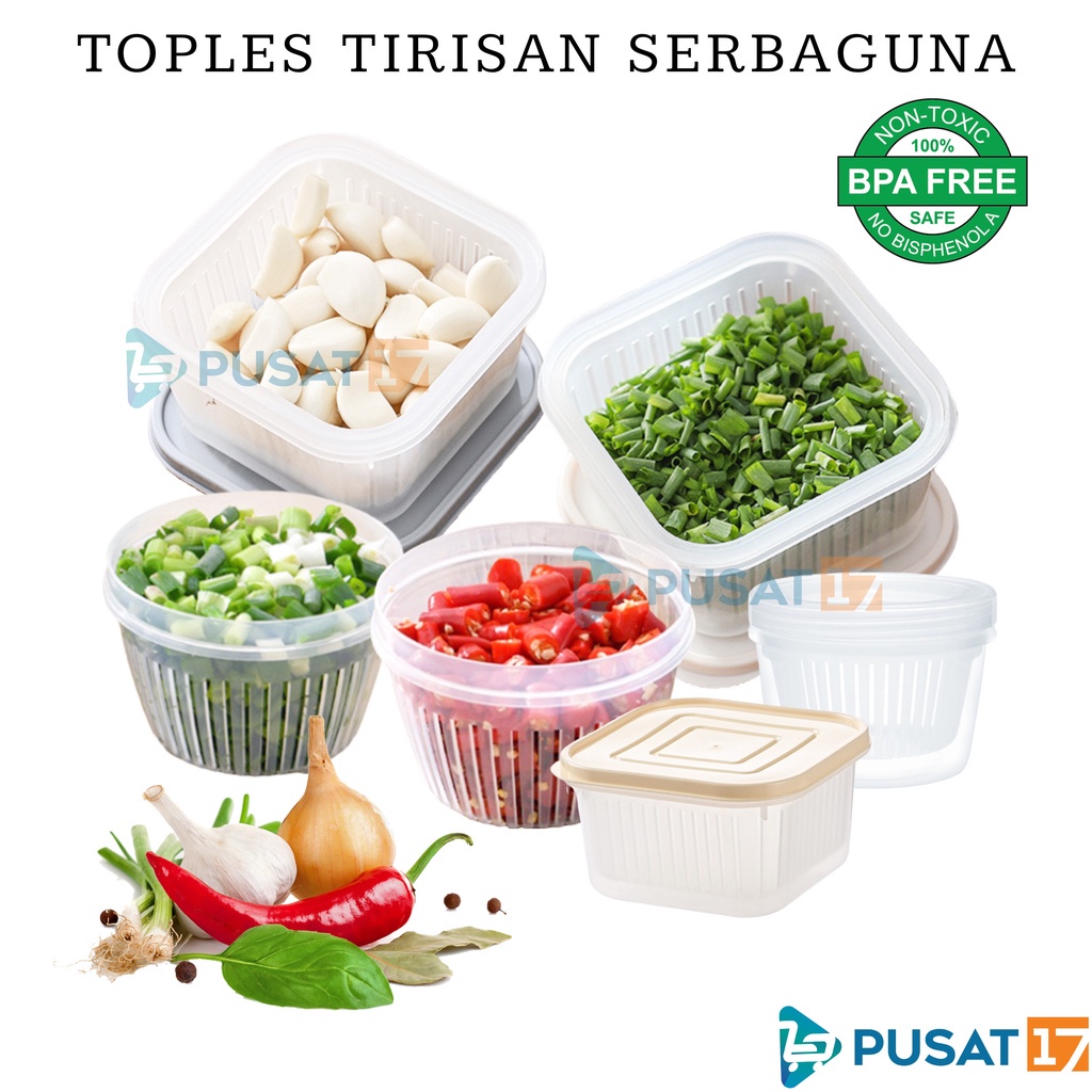 PUSAT17 TOPLES BULAT TIRISAN BAWANG SAYUR TRANSPARAN / KOTAK WADAH TEMPAT PENYIMPANAN BUAH BAWANG SAYURAN BUMBU DAPUR DI KULKAS SERBAGUNA PERSEGI
