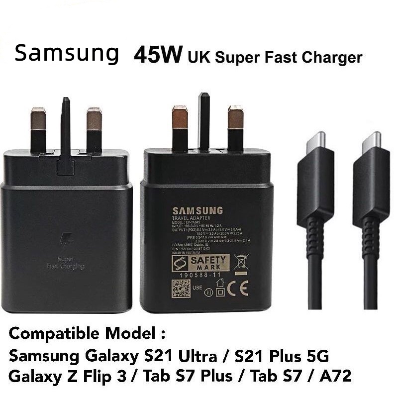 Samsung 45W Super Fast Charger UK Plug adapter PD Type C To Type C