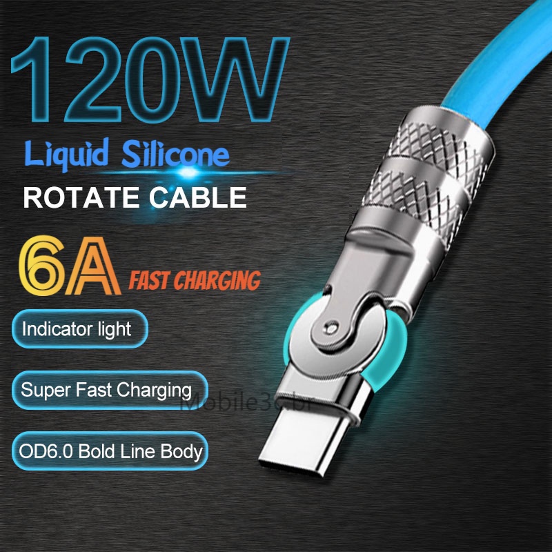 120W 6A 180° Rotating Super Fast Charge Cable For Mobile Game Liquid Silicone Type C Charger Cable For iPhone OPPO 1.2m 1.8m