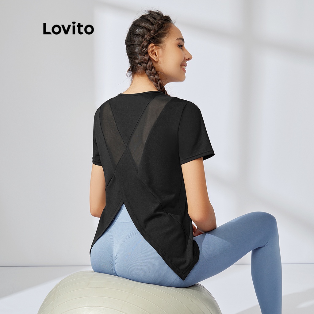 Lovito Yoga Breathable Sweat-wicking Slimming Mesh Stitching Women Sports Top L31ED930 (Black)