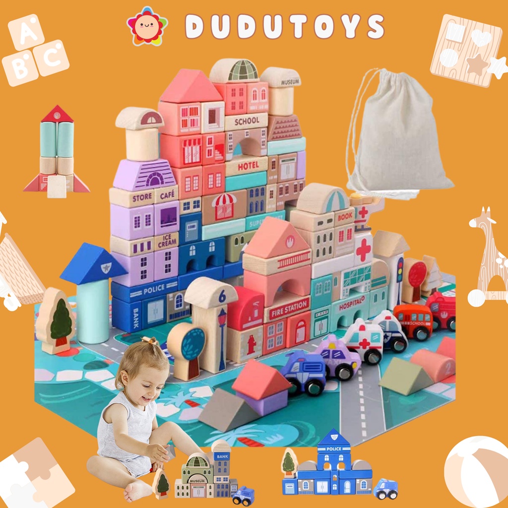 DuduToys 115pcs City Wooden Building Blocks Preschool Learning Educational Toys Toddler Toys