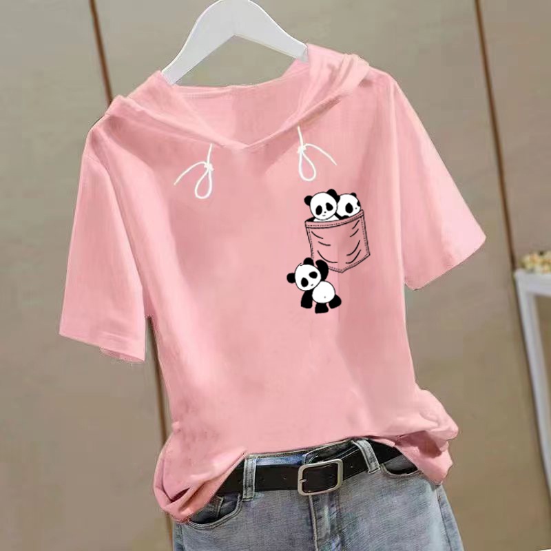 女装时尚上衣White Short sleeve top summer new hooded clothing hooded t-shirt fashion hoodie women printed casual loose Short sleeve top women女生衣服韩版百搭短袖T恤