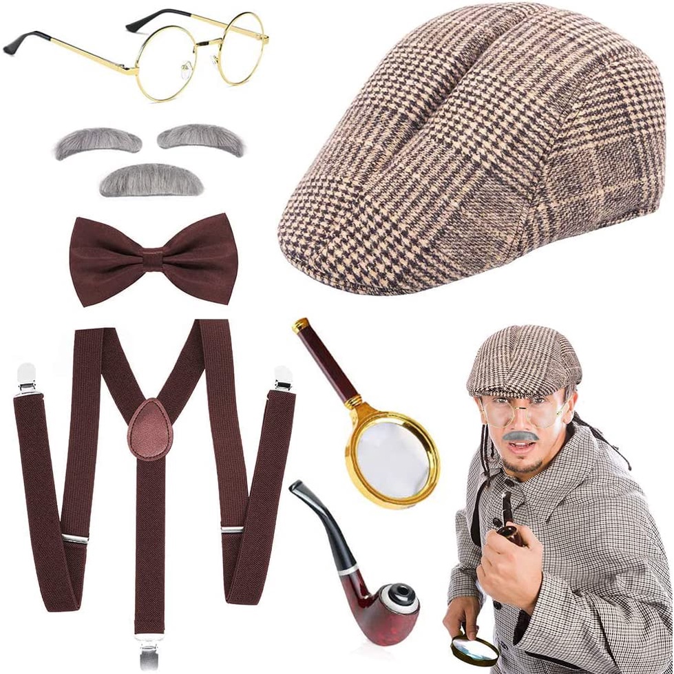 Sherlock Holmes Fancy Dress Set, 1920s Men Costume Accessories with Hat