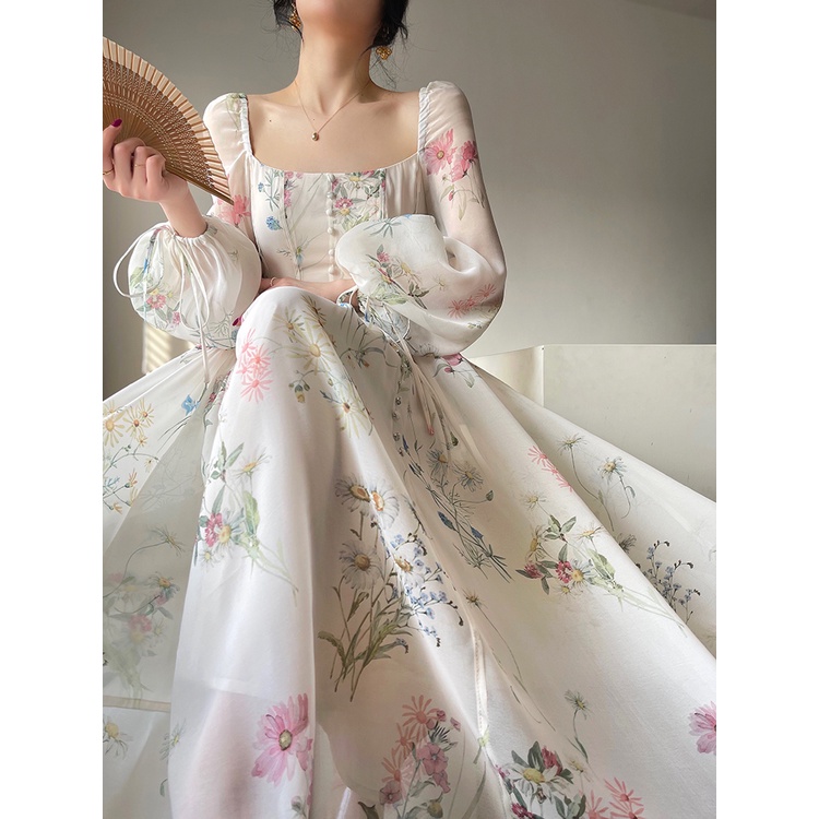 French floral off-shoulder long dress fairy dress A88 main image 0