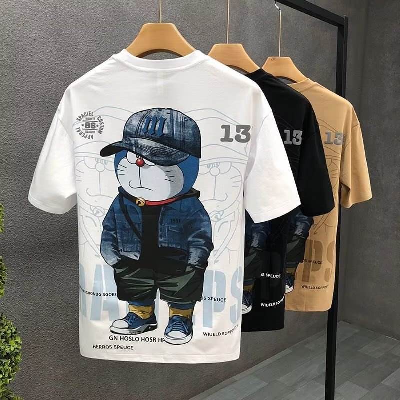 M-XXXL Summer Men's Slim Fit Crew Neck Short Sleeve T Shirt Street Style Cowboy Doraemon Printed Trend Tops For Male Black White Khaki Clothing