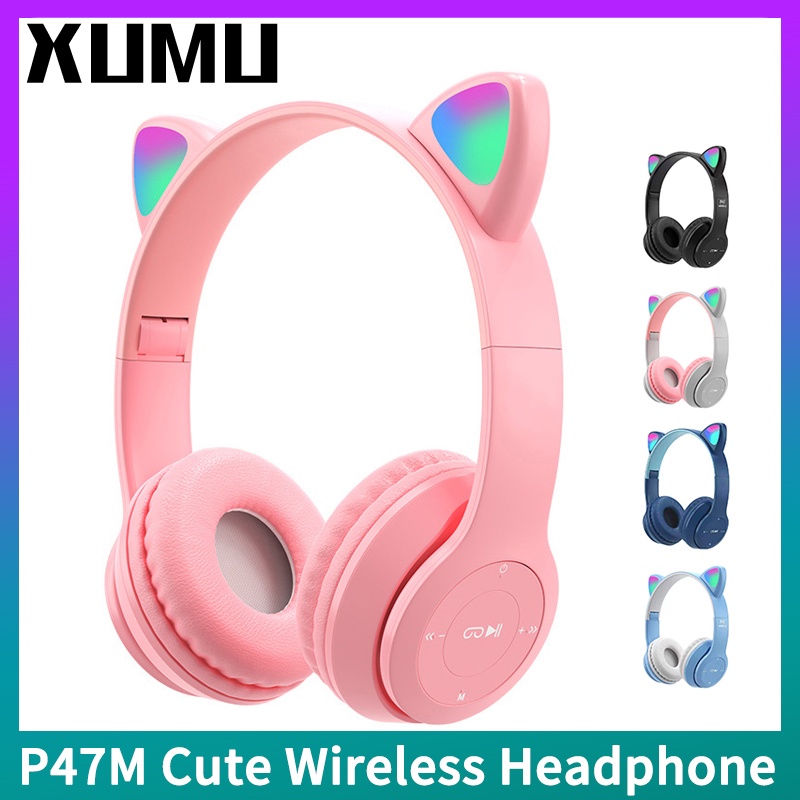 Xumu P47M Cute Fashion Cat Ears Wireless Headphones Flash Light LED RGB Gaming Bluetooth