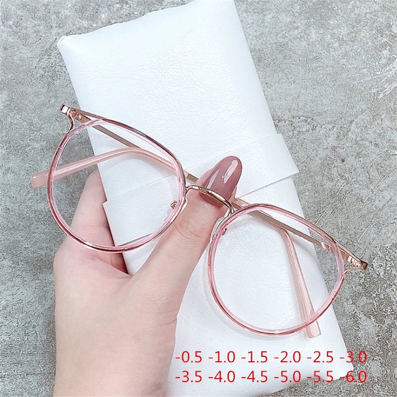 Seemfly Women Cat Eye Finished Myopia Glasses Metal Frame Clear Lens 