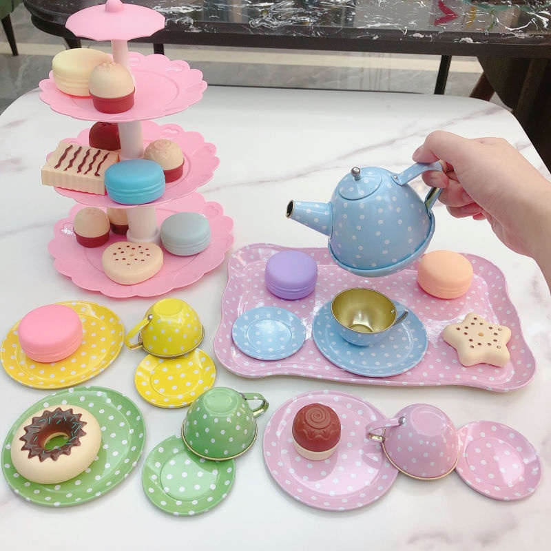 Children's Simulation Tea Set Playhouse Tin Tea Cup Set Teapot Cake ...