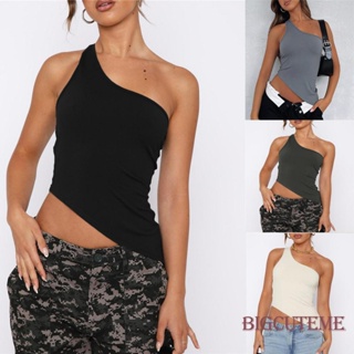 ☏OD✪Women Sexy Padded Tank Tops, Plain & Ribbed One Shoulder Sleeveless  Slim Crop Tops, Summer Clothing