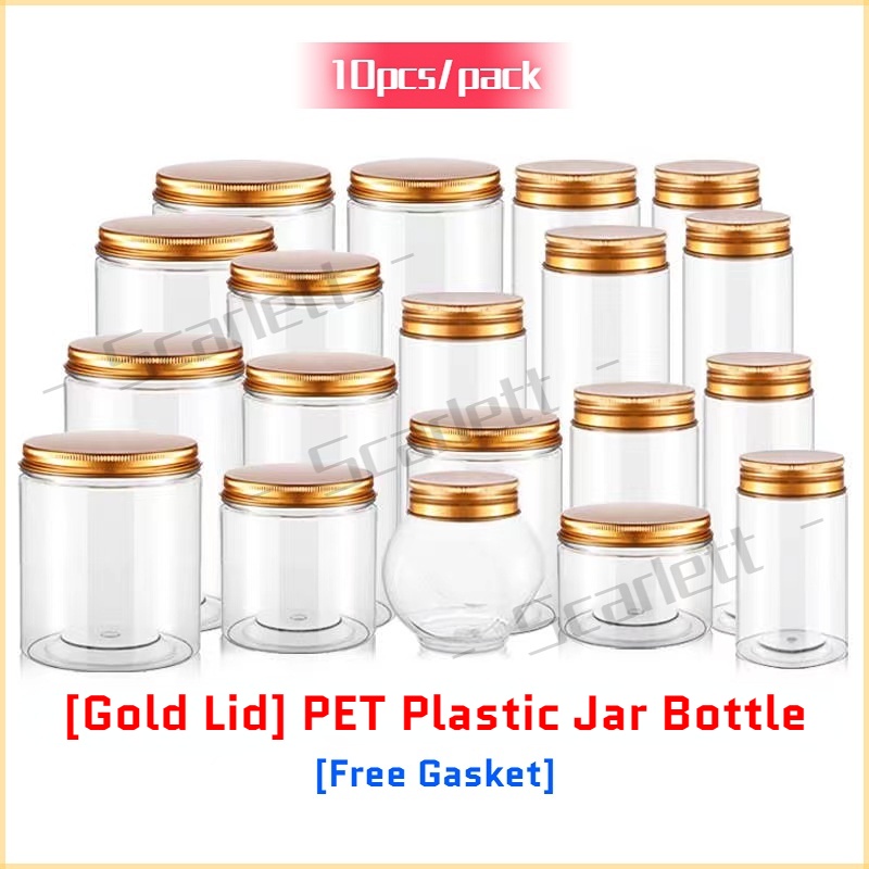 [10pcs/pack] PET Plastic Jar Bottle With Gold Cover / Round Transparent