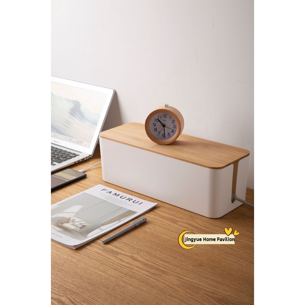 Bamboo and wood cover cable box desktop storage and organizing box Wire