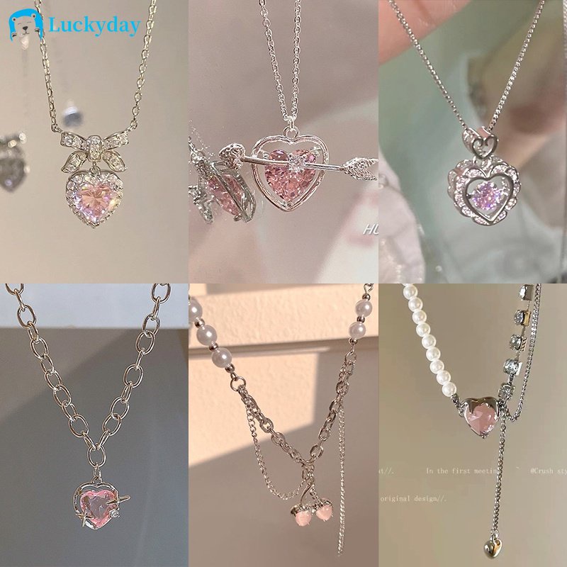 YEEZII Y2K Sweet Pink Zircon Pendant Necklace for Women Heart Silver Chain Necklaces Choker Accessories Jewelry